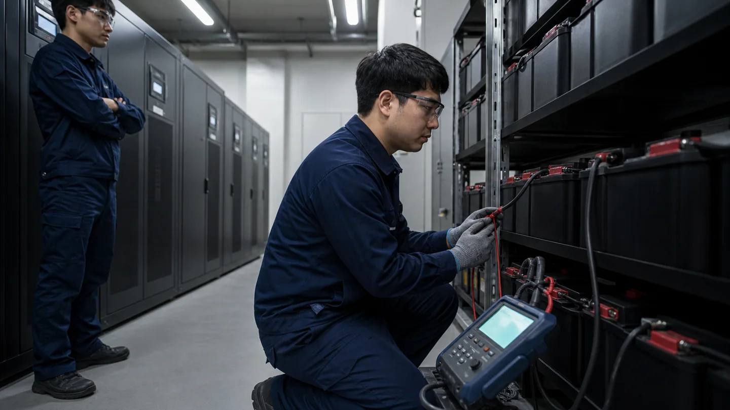 아파트 UPS 배터리 백업 성능을 전문 분석기로 점검하는 기술자 밧데리몬스터