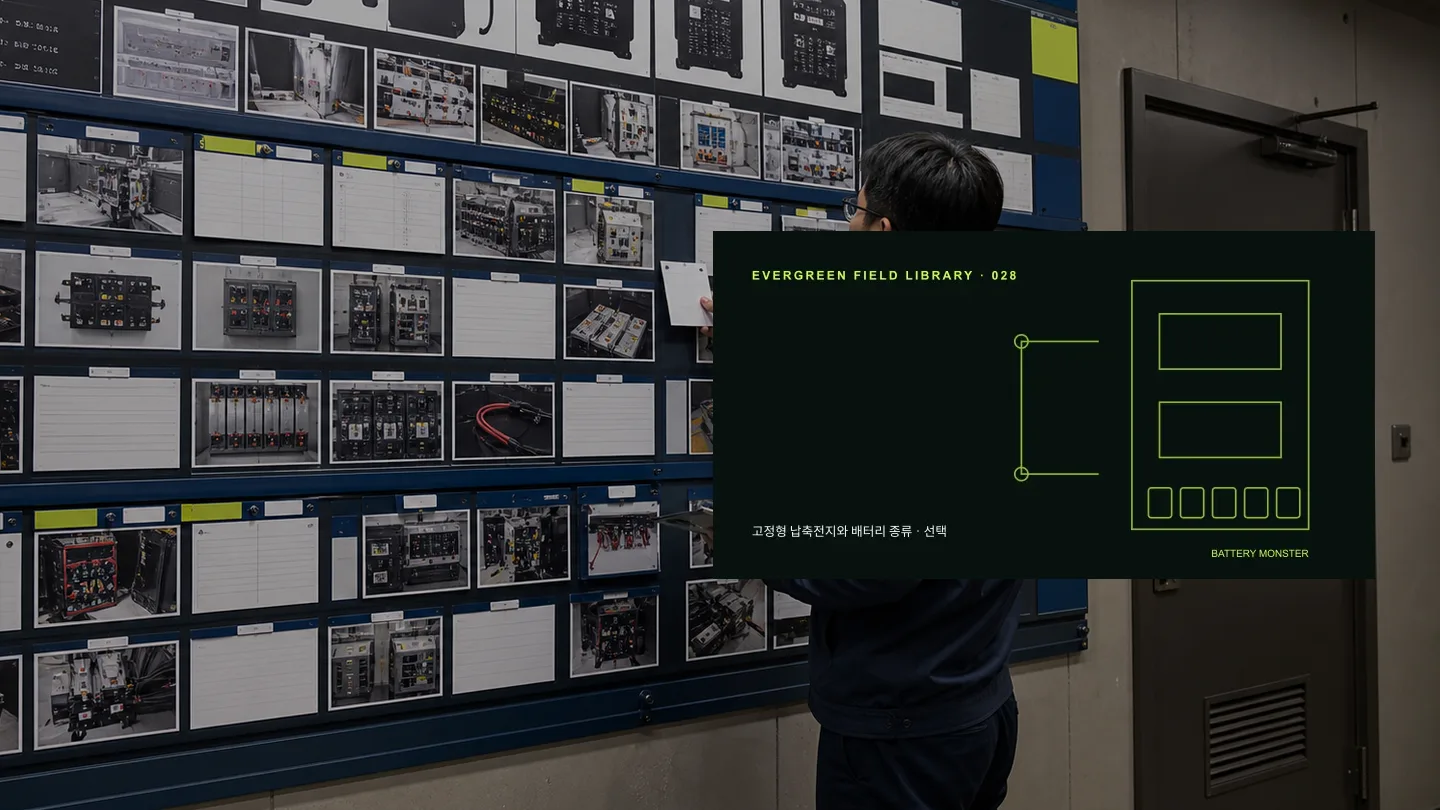 2V 셀과 12V 모노블록 선택 기준 현장 사진과 기술 도식을 결합한 고유 히어로 이미지 밧데리몬스터