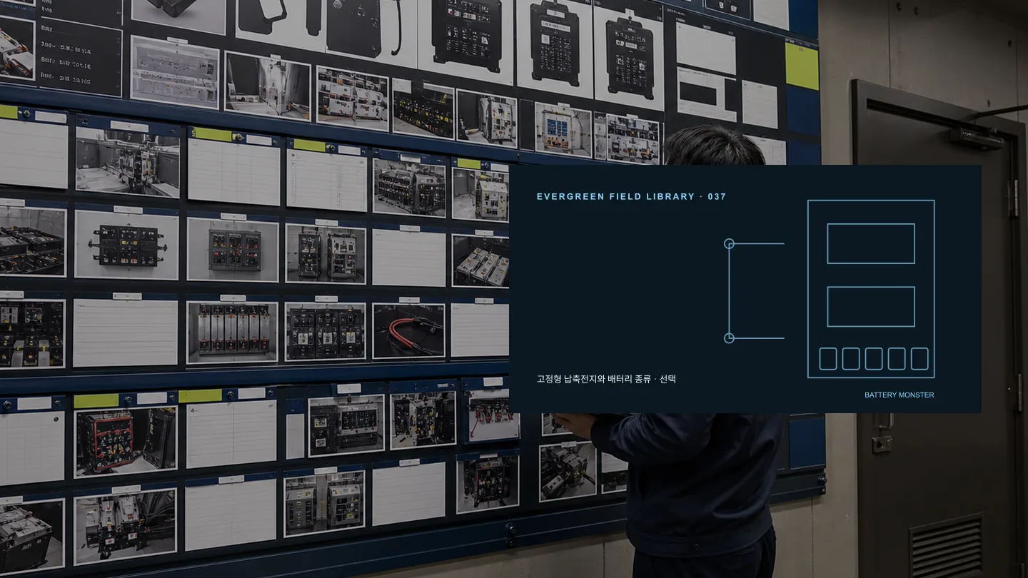 제조사별 배터리 제품군 비교 항목 현장 사진과 기술 도식을 결합한 고유 히어로 이미지 밧데리몬스터