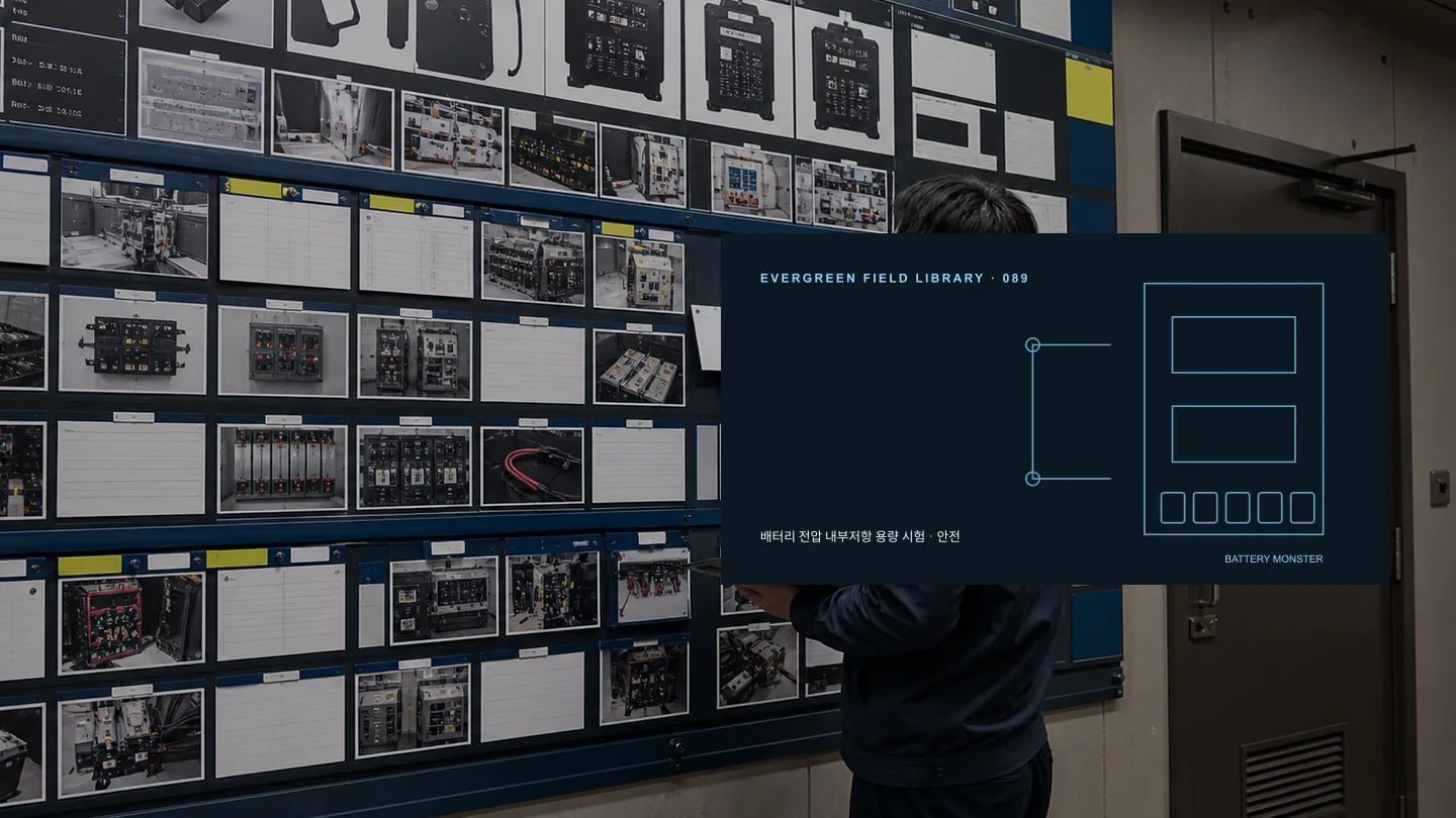 배터리 방전시험 전 안전 조건 현장 사진과 기술 도식을 결합한 고유 히어로 이미지 밧데리몬스터